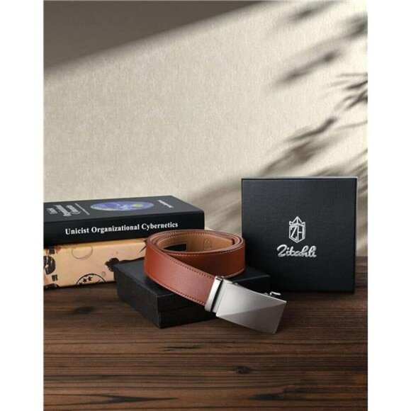 Mens ratchet leather belt adjustable slide dress belt black brown work casual - Picture 6 of 7